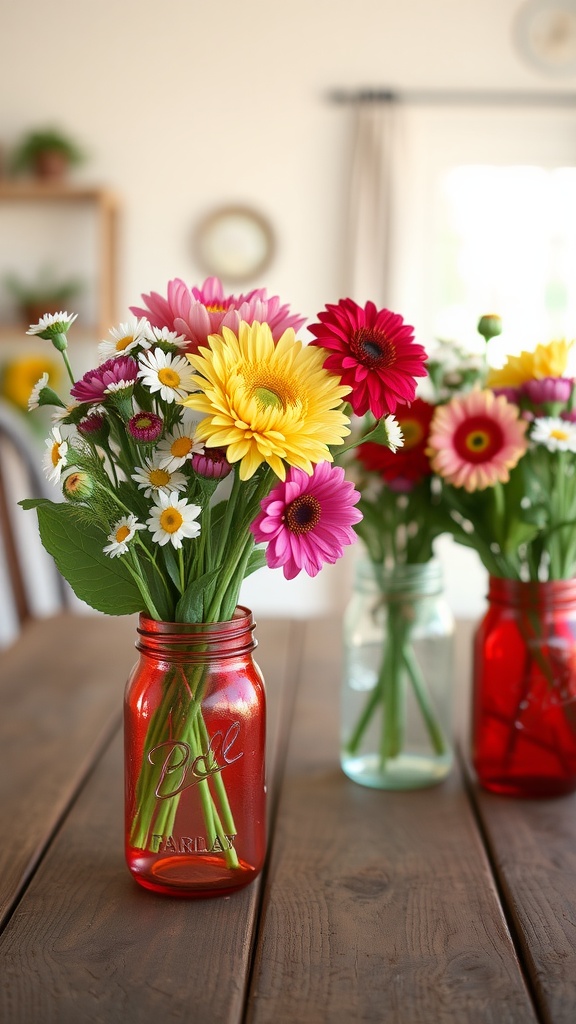 Red mason jar vases filled with colorful flowers on a wooden table.
