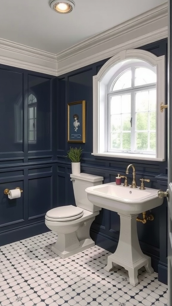 A stylish bathroom featuring navy blue walls, white fixtures, and elegant brass accents.