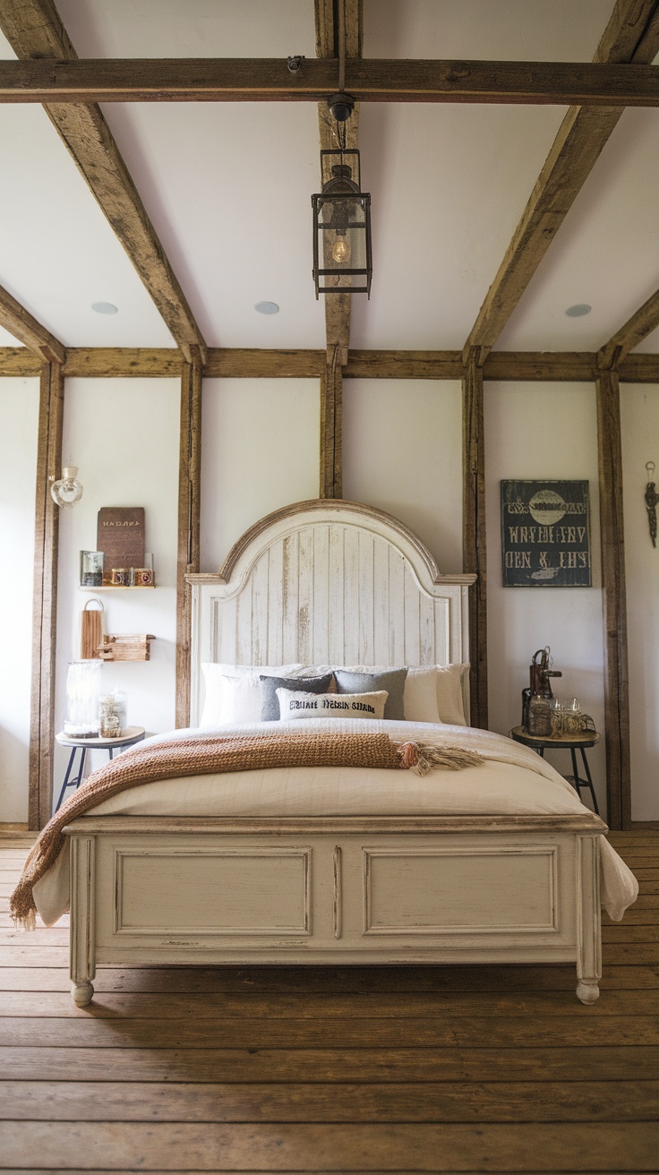A classic white farmhouse bedframe in a cozy country bedroom, featuring soft bedding and a woven rug.