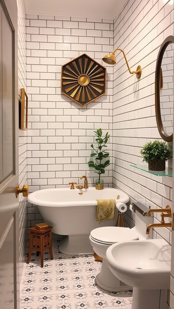 A small farmhouse bathroom featuring classic white subway tiles, gold fixtures, and decorative elements.