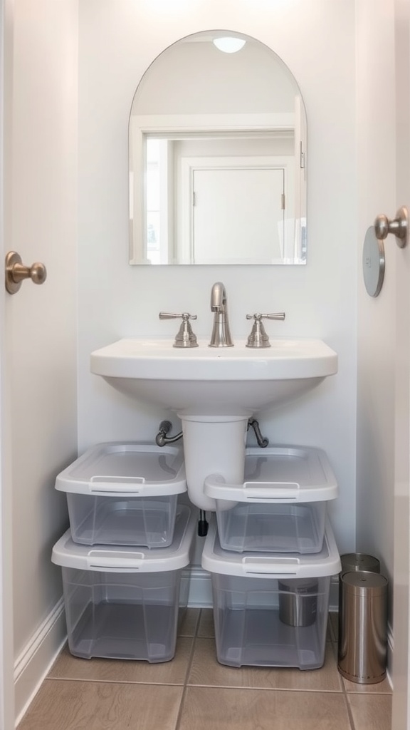 Clear storage bins under a sink in a small bathroom