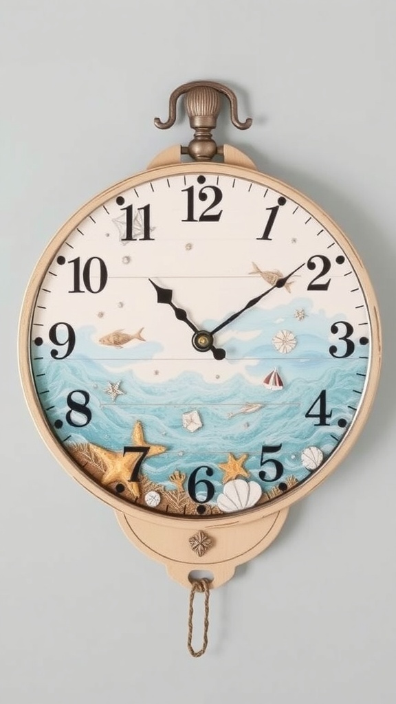 A coastal-themed clock featuring ocean waves, fish, and seashells, designed in soft blues and sandy tones.