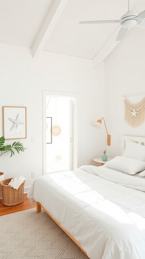 A minimalist bedroom with white walls, a wooden bed, and beach-themed decor.