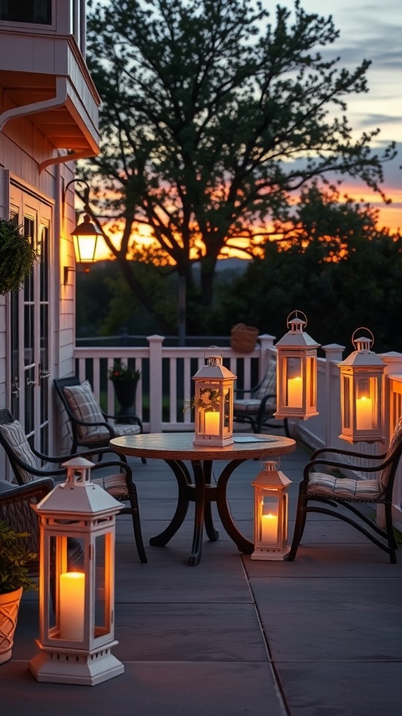 Coastal lanterns placed on a patio during sunset