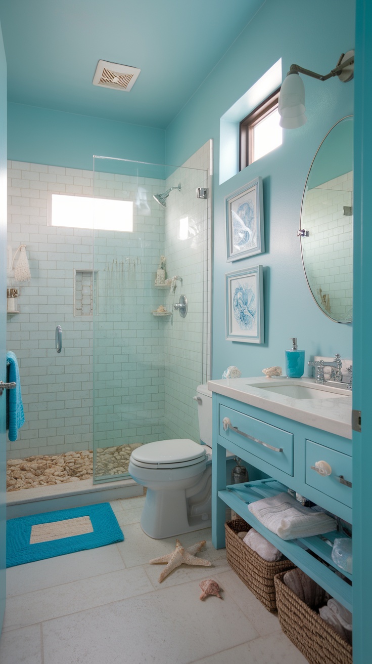 A coastal-themed bathroom with light blue walls, nautical decorations, and natural elements.