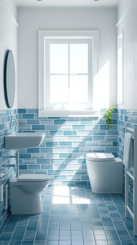 A bright bathroom featuring blue tiled walls and flooring, with natural light streaming in through a window.