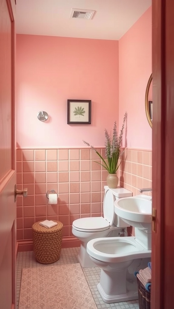 A small bathroom featuring pink walls and tiles, white fixtures, and a potted plant.