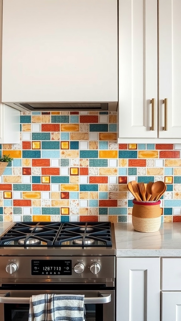 Colorful accent tiles as a backsplash in a modern farmhouse kitchen.