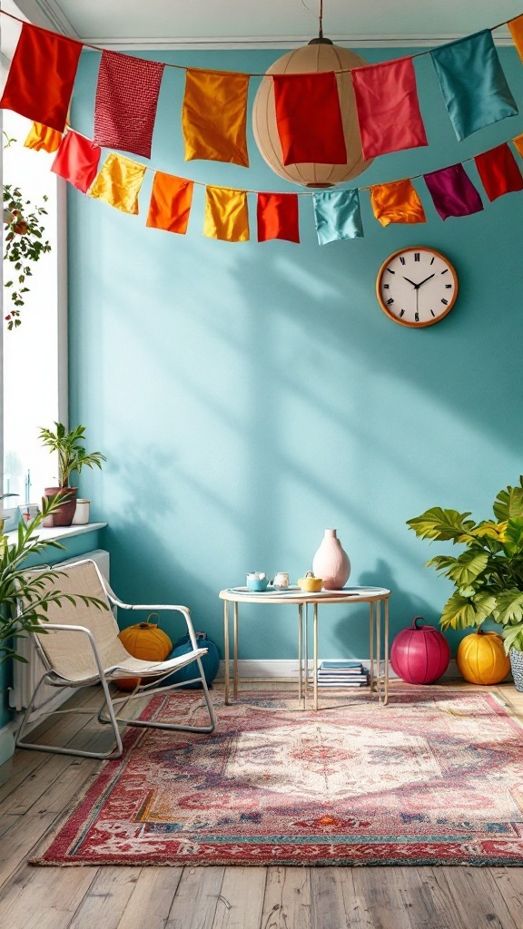 Colorful fabric bunting hanging in a bright room with plants and a rug.