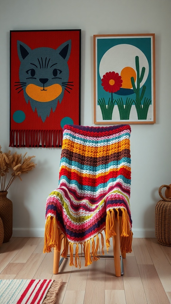 A colorful knitted chair cover draped over a chair in a cozy living room setting