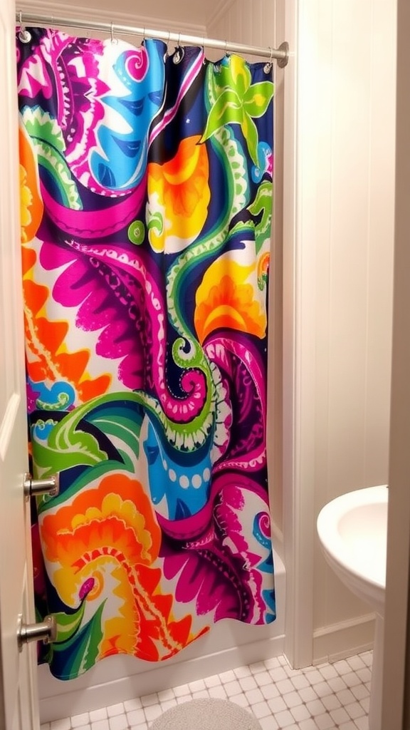 Vibrant shower curtain with colorful swirling patterns in a small bathroom