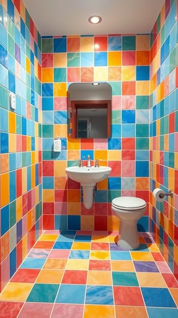 A bathroom with colorful tiles in various shades of blue, red, yellow, and green.