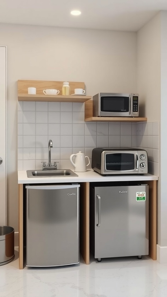 Compact kitchen appliances including a mini fridge, microwave, and toaster oven.