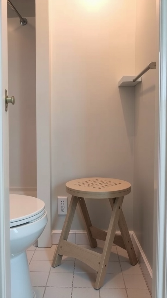 A compact folding stool beside a toilet in a small bathroom.