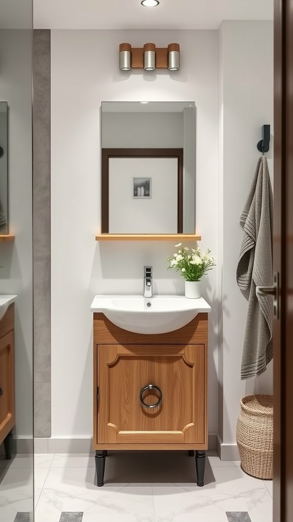 A small bathroom featuring a compact wooden vanity with a sink, a mirror, and decorative elements.