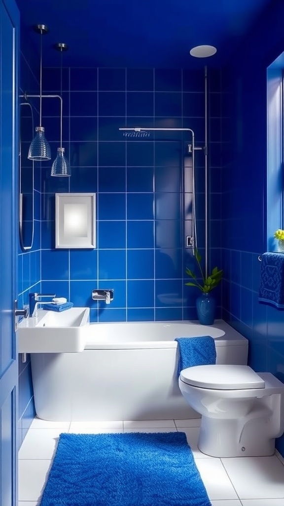 A bright blue bathroom featuring cobalt tiles, a white bathtub, and modern fixtures.