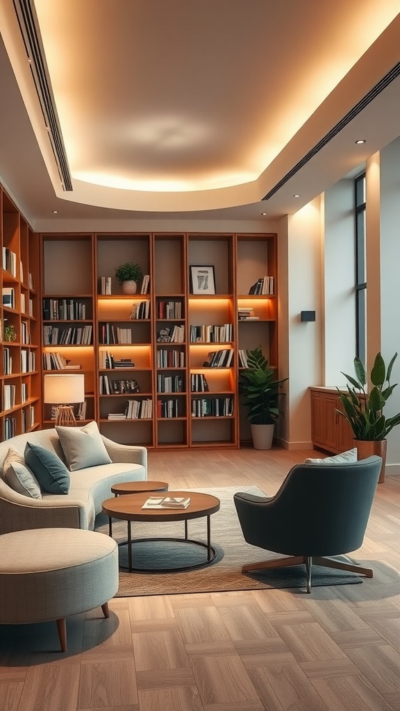A contemporary reading room featuring soft lighting, a comfortable sofa, armchair, and wooden shelves filled with books.