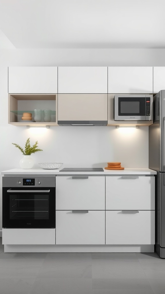 A modern kitchen featuring contemporary floating cabinets in white and beige with open shelving and sleek appliances.