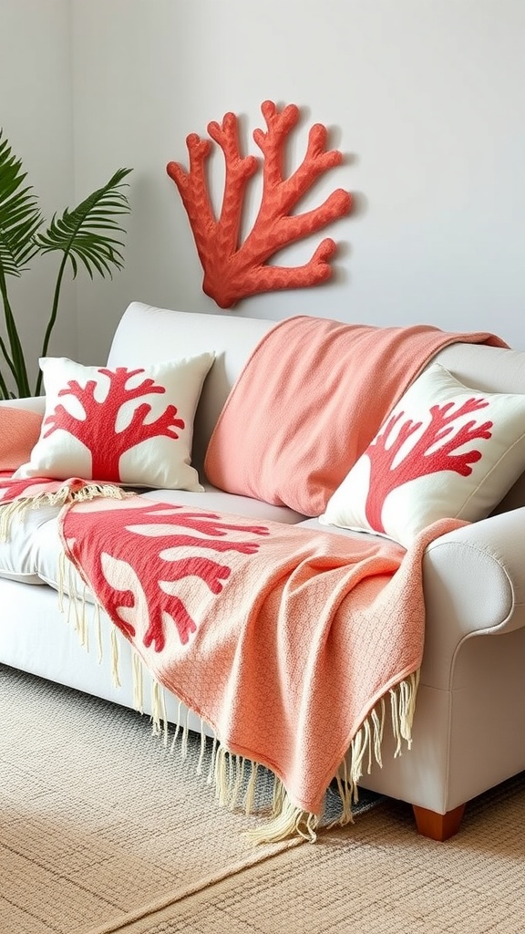A cozy living room featuring a coral-inspired throw blanket and decorative pillows on a white sofa, with a coral wall hanging.