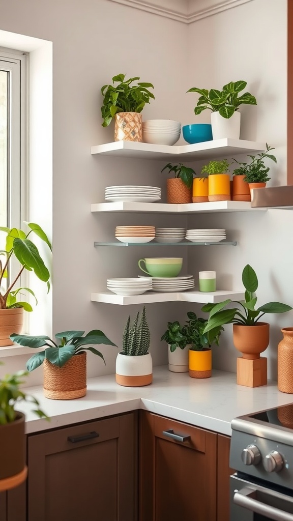 Corner shelves in a kitchen filled with plates and plants.