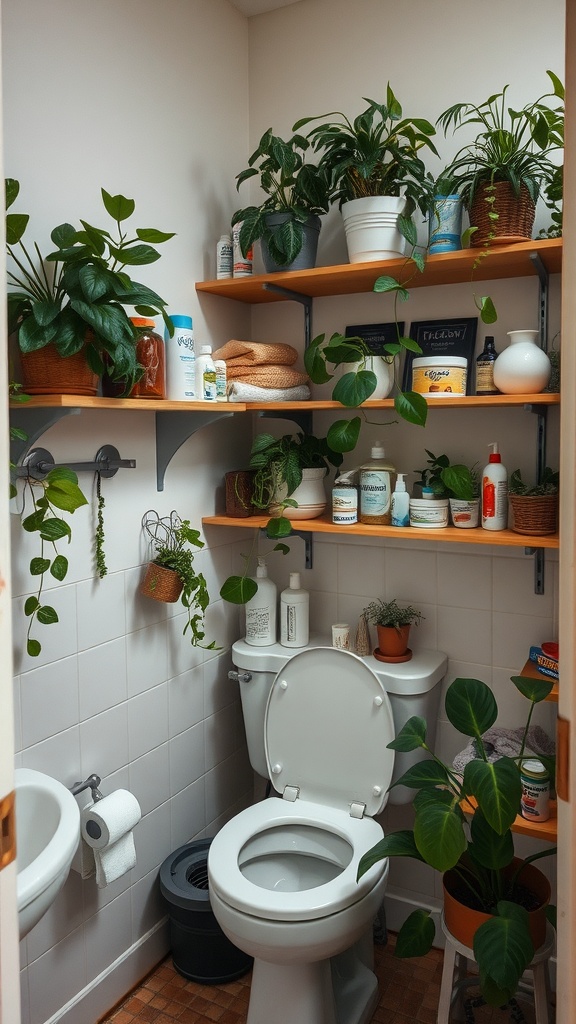 Small bathroom with corner shelves filled with plants and toiletries