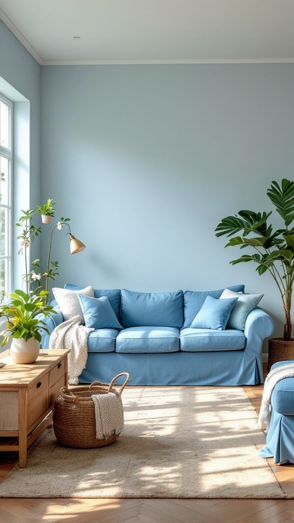 A cozy living room featuring a blue slipcovered sofa, matching cushions, and natural elements like plants and wooden furniture.