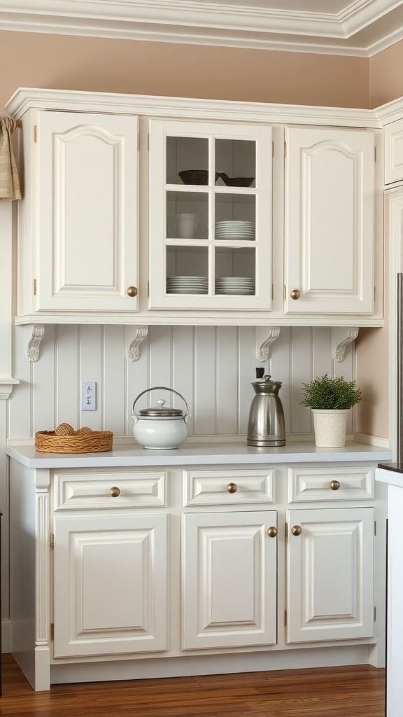 Cottage-style kitchen cabinets with glass-paneled doors, featuring a white finish and warm gold hardware.