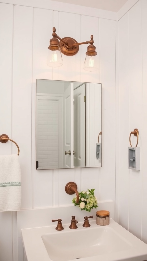A stylish farmhouse bathroom featuring a bronze lighting fixture above a mirror, with a clean sink area.