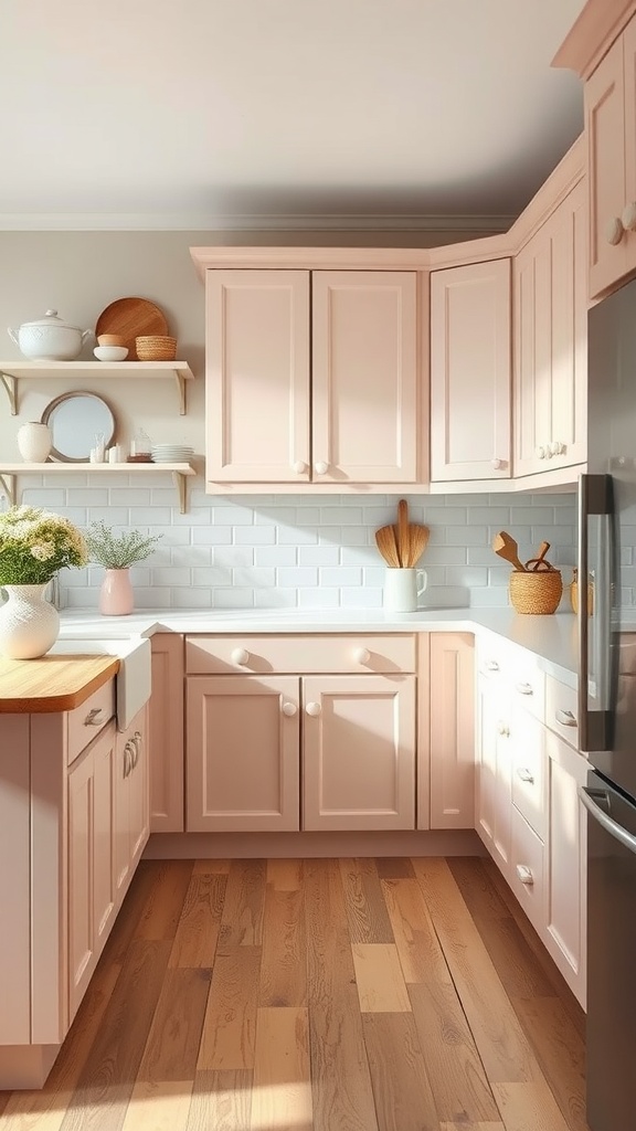A kitchen with country chic painted cabinets in soft pink, showcasing open shelves and wooden countertop.