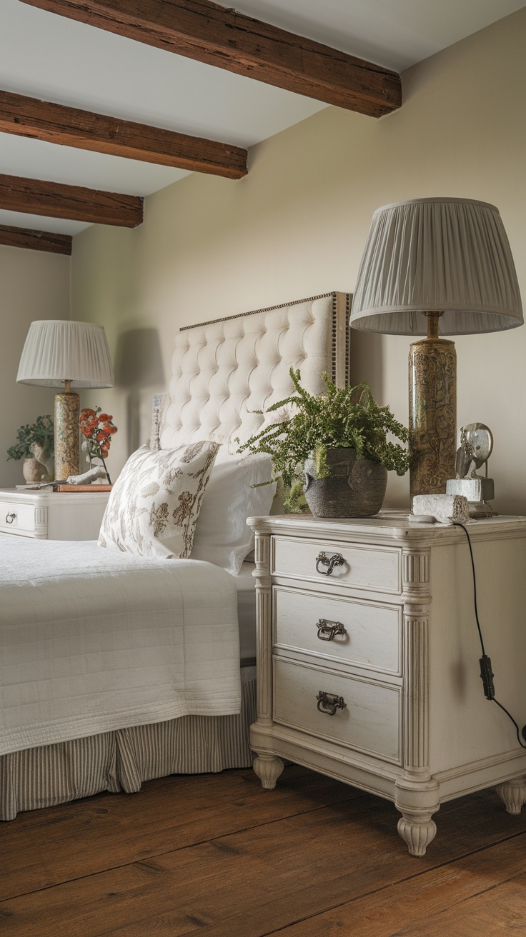 Two white country-style nightstands with lamps and decorative items