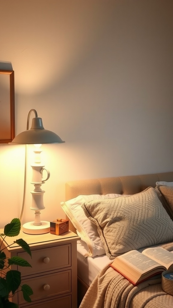 A cozy country bedroom with a white bedside lamp, soft bed linens, and a warm ambiance.