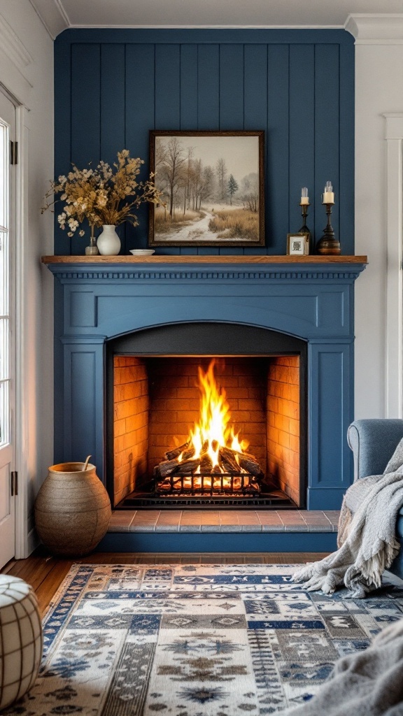 A cozy blue fireplace with a warm fire, wooden mantel, and decorative items, creating an inviting atmosphere.
