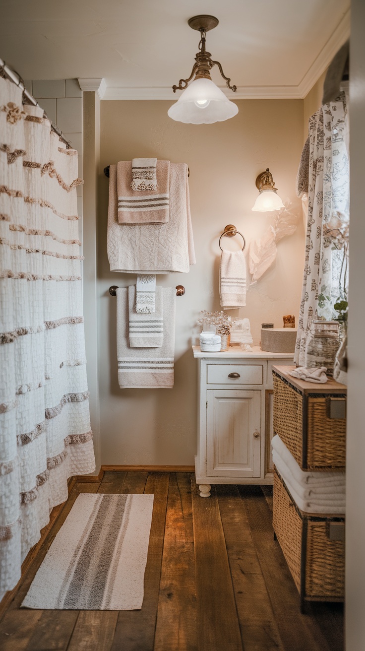 Cozy farmhouse bathroom with woven baskets, a patterned shower curtain, and soft towels