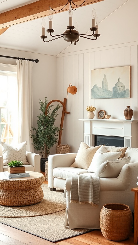 Cozy farmhouse living room with neutral palette, soft furnishings, and natural accents.