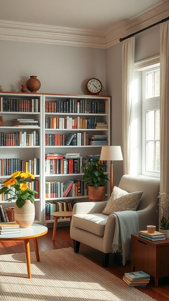 A cozy reading nook in a farmhouse living room with a comfortable chair, a bookshelf filled with books, and a small table with flowers.