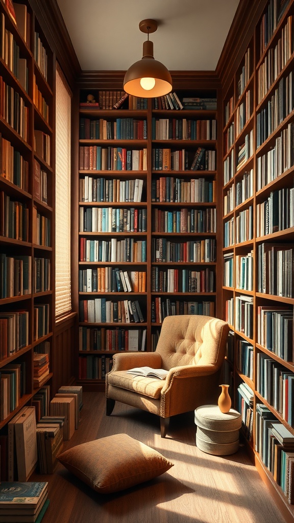 Cozy reading nook featuring floor-to-ceiling bookshelves, a plush armchair, and warm lighting.