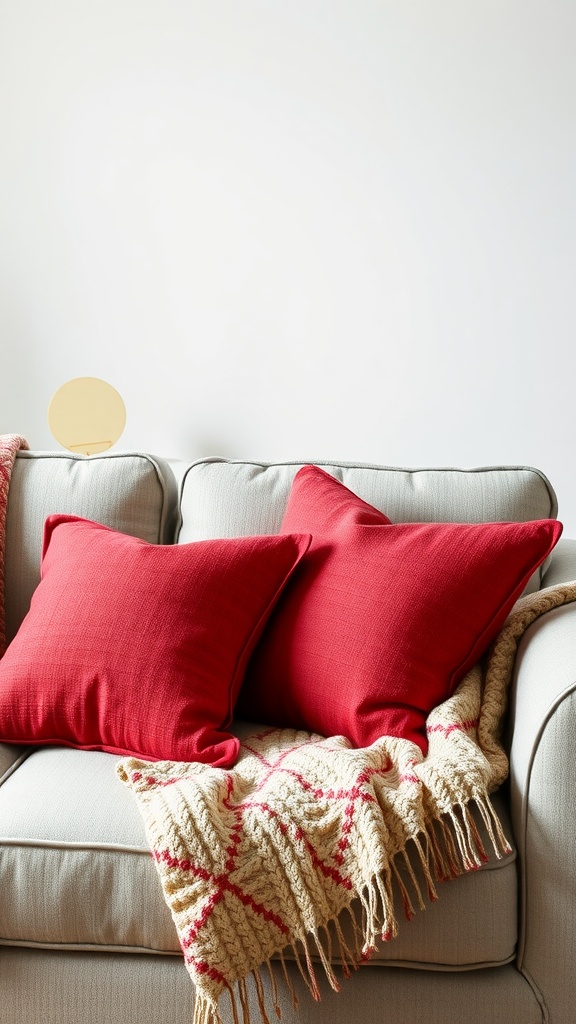 Two red throw pillows on a beige couch with a knitted blanket draped over it.