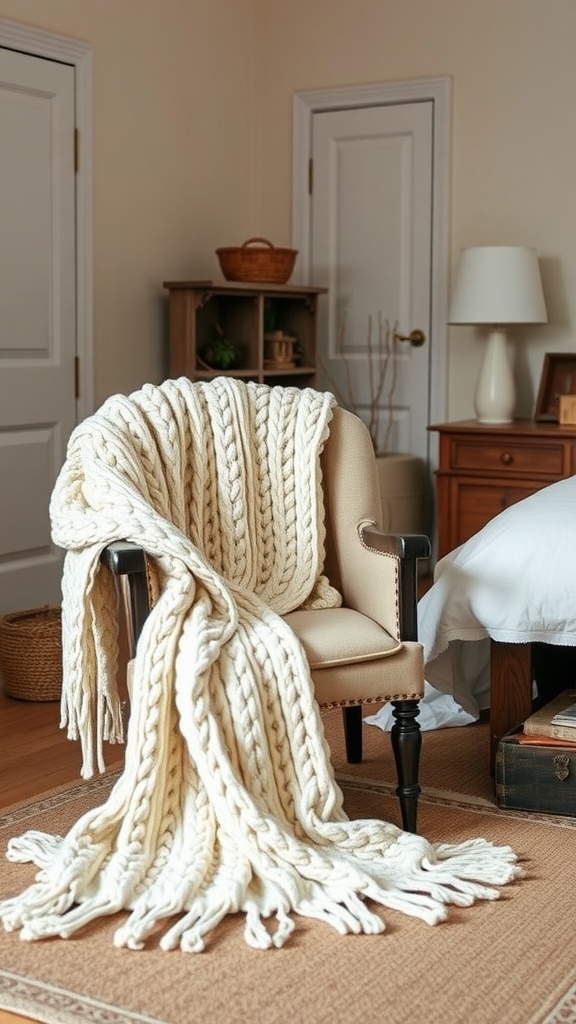 Cozy white knitted throw draped over a chair in a country bedroom setting.