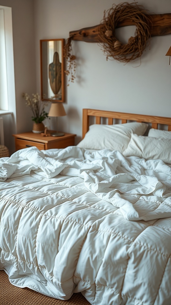 Cozy white quilt layered on a bed in a country bedroom setting