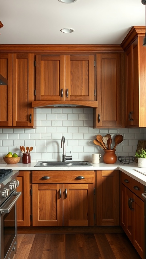 A warm wooden kitchen with Craftsman-style cabinets and a white subway tile backsplash.