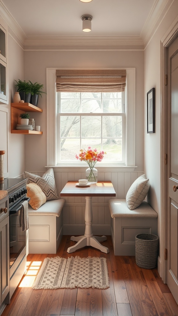 A cozy breakfast nook with built-in seating, a small table, and a vase of flowers by the window.