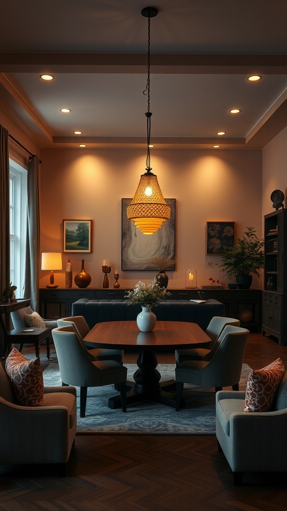 A cozy living room dining room combo with warm lighting and stylish decor.