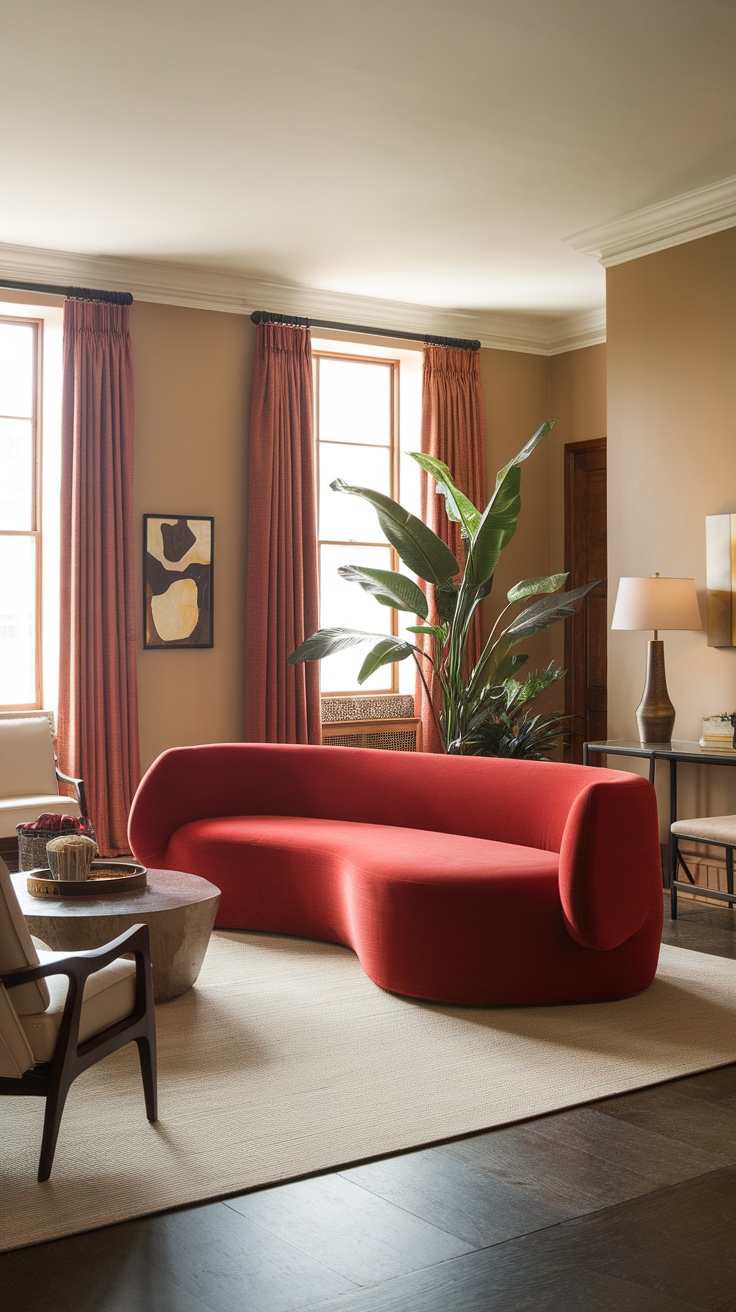 A cozy living room featuring a statement blue sofa with colorful cushions, a round coffee table, and stylish decor.