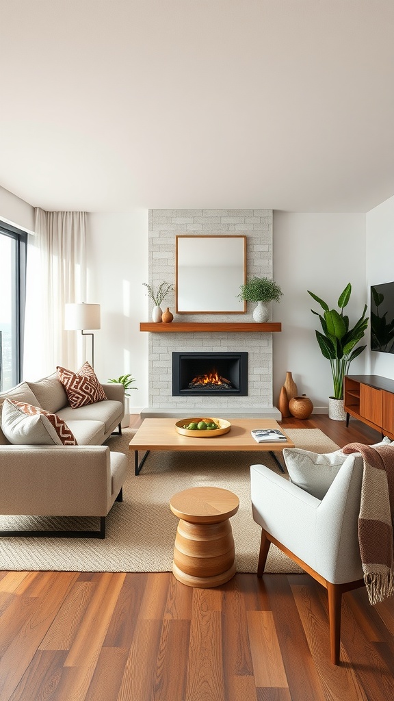 A cozy living room with a fireplace as the focal point, featuring light-colored furniture and wooden accents.