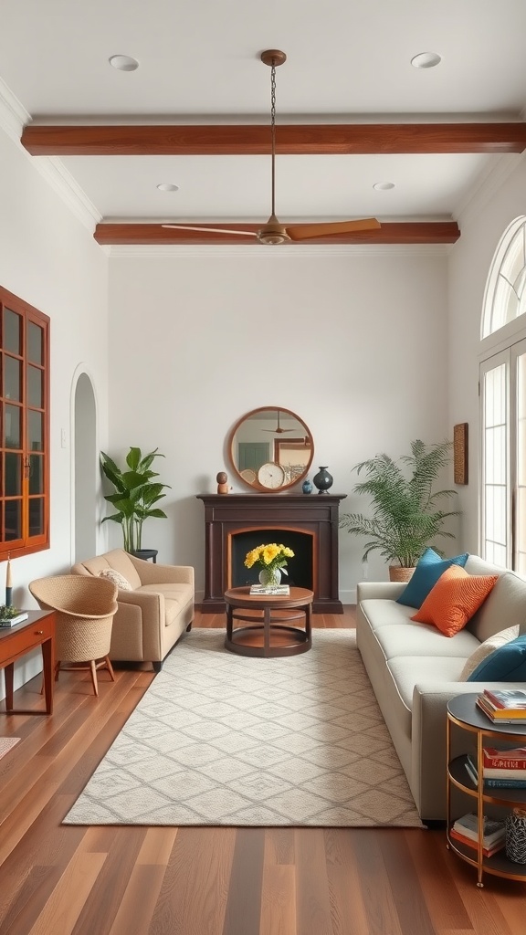 A cozy living room with two sofas, a round coffee table, and plants, designed for a welcoming feel.