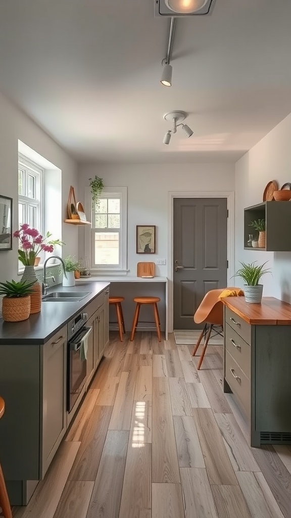 A cozy small kitchen featuring an open layout with modern furniture and natural light.