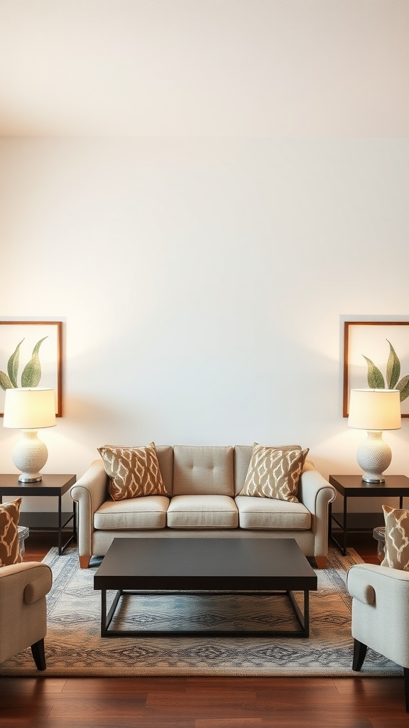 A living room with a centrally placed sofa, matching side tables, and lamps, showcasing a symmetrical arrangement.