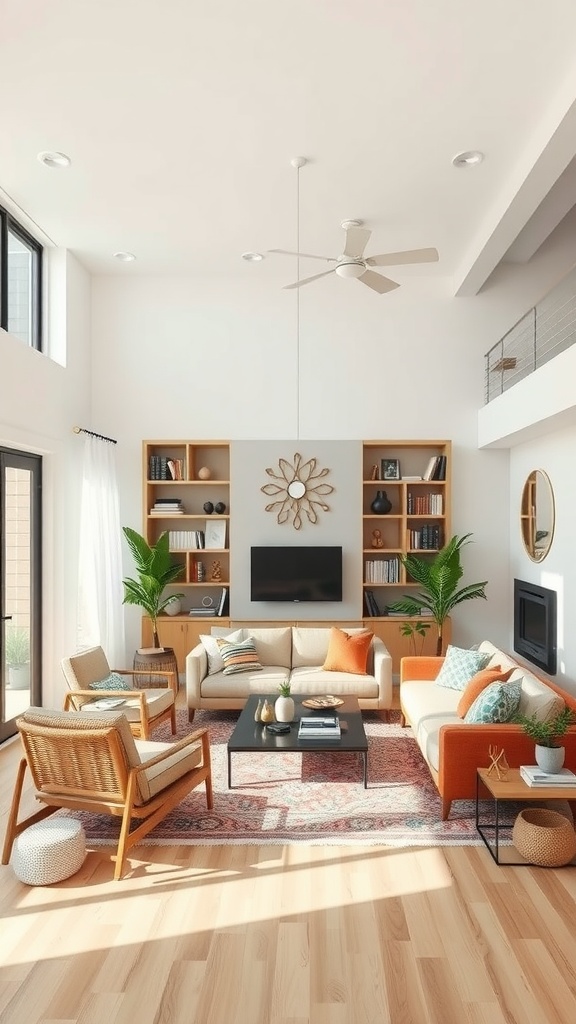 A stylish living room with a cozy seating arrangement, coffee table, and decorative plants, showcasing zones for relaxation and entertainment.