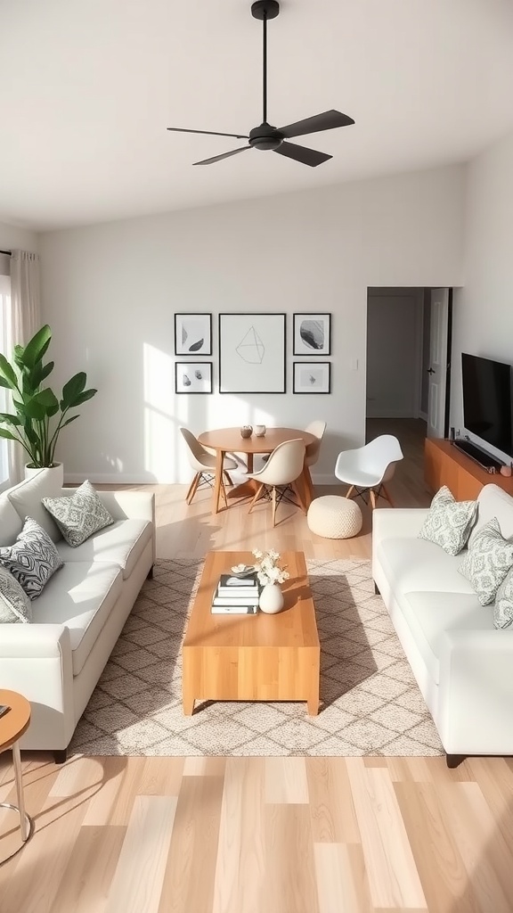 A stylish living room dining room combo with light sofas, a wooden coffee table, a circular dining table, and decorative elements like plants and artwork.
