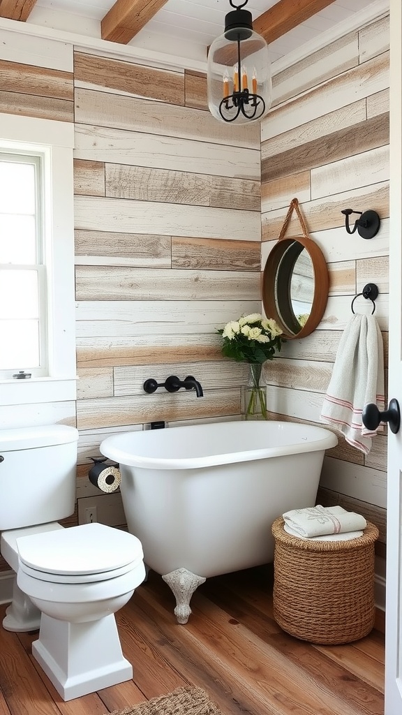 A cozy farmhouse bathroom featuring barnwood walls, a white clawfoot bathtub, and natural wooden accents.